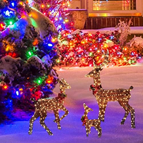 Външни Декорации за двор с Коледен Елен с подсветка pimelu, Семеен Комплект от Блестящи Лани със светлини работещи на Батерии, Изкуствено