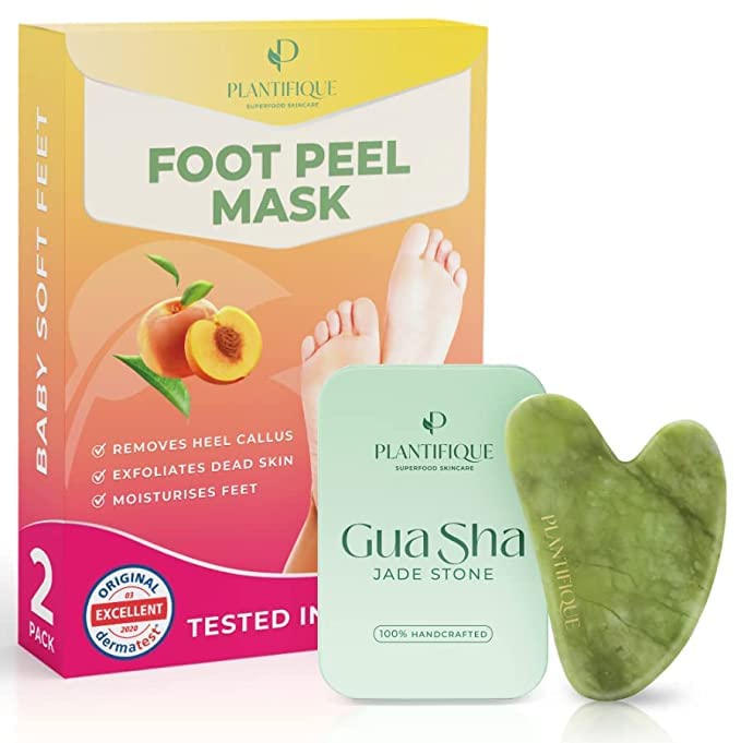 Средства за грижа за лицето на Gua Sha и Маска за Пилинг на крака с Праскова 2 Опаковки от Plantifique
