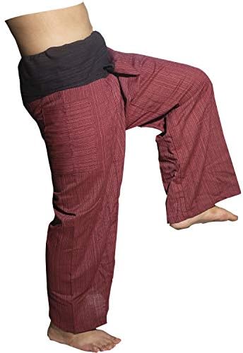 LannaPremium Автентични Панталони за йога в тайландски стил от памук Пробийте Gangaeng, 2 тона, Бордо/въглен, Един Размер, 2X-Large, Червен