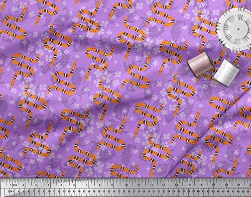 Лилава памучен трикотажная плат Soimoi с принтом листа, детелина и змийски влечуги ширина 58 см