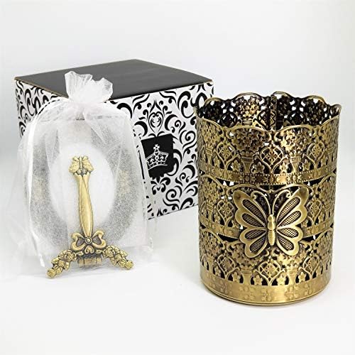 T-Box GoldenTBox Ретро Античен Декоративен Метален държач за четки за грим и джобно Огледало Подаръчен Комплект от 2 теми за Рожден