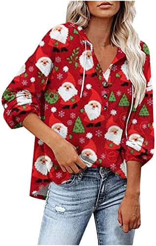 hoksml Модни Блузи За жени С Хубав Коледен Принтом Копчета с V-образно деколте, Пуловер Свободно, Намаляване, Hoody, Удобни Меки