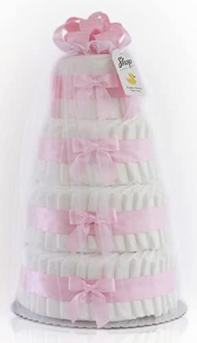 Класически Пастелно торта за детската душа с подгузниками (4 нива, розов)...