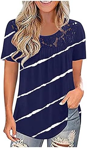 Дамски Тениски NEARTIME Ежедневни Блузи с кръгло деколте и Къс Ръкав Свободно Намаляване на Лейси Блуза Райе С Принтом