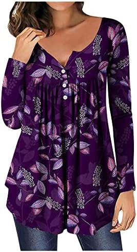 Блузи с дълъг ръкав за Жени, който е Кръгъл Отвор Хенли, Тънка Туника с Цветен Модел, Плиссированный Топ, Тениски с Копчета за Момичета, 2023