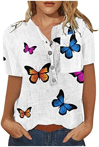 Блуза-риза с къс ръкав за Момичета, Памучен Ежедневна Блуза с Кръгло деколте и Копчета и Пеперуда с Абстрактна Графика PD
