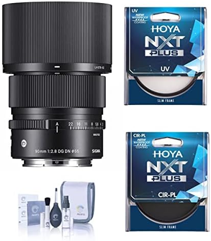Модерен обектив Sigma 90mm f/2.8 DG DN за Leica L, оборудван с комплект филтър Hoya NXT Plus 55мм UV + CPL, комплект за почистване