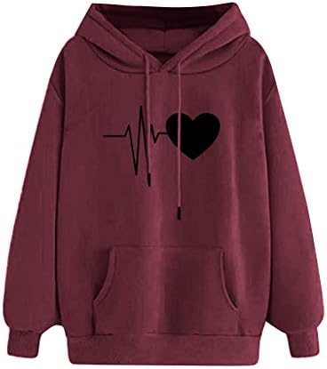 Дамски ежедневни hoody с качулка, свободен пуловер с завязками, блузи с дълъг ръкав, обикновена върхове с принтом на сърцето
