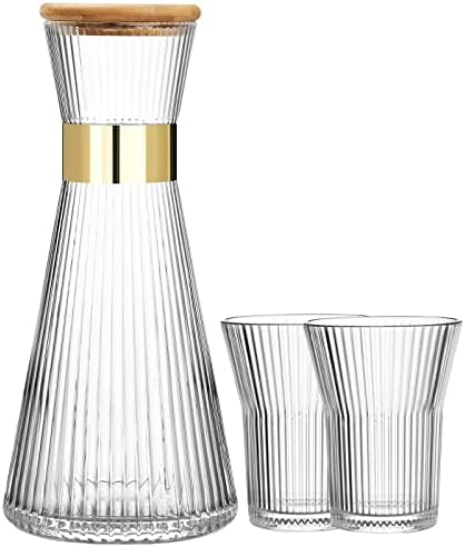 Комплект стъклени Чаши ALINK от 4 опаковки с бамбукови капаци и соломинками + Нощни Стъклена Гарафа за вода с обем 900 мл с капак