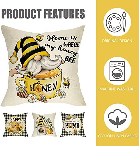 Фарендом Пролетта Жълт Bumblebee Happy Gnome, Декоративна Калъфка 18x18, Комплект от 4 възглавници, Лятна Декорация за дома в клетката