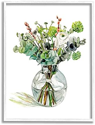Букет от Акварельной зеленина Stupell Industries, Мека Бяла Цветя в Стъклена банка, Дизайн Маточина Ван, Монтиране на изкуството
