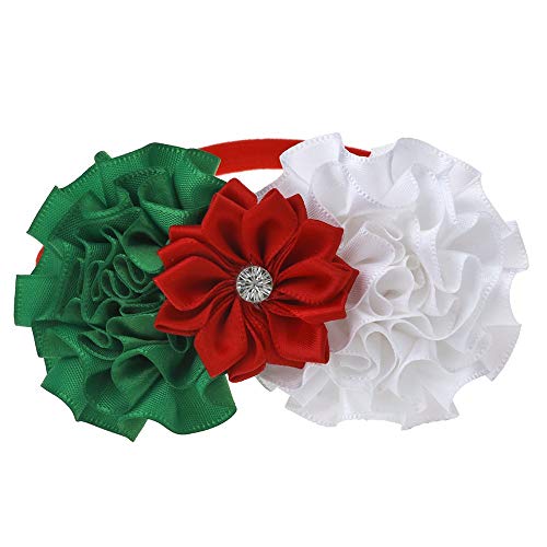 Найлонови и Коледни превръзка на главата Miuion за малки момичета/Зелен, Червен, Бял Лък с пайети - Опаковка от 3 броя (комплект сатенени цветя)