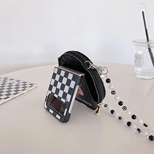 Чанта-портфейл YAKVOOK за Samsung Galaxy Z Flip 4 2022 Калъф, Сладък Модерен Калъф карта с изображение на Мечки в шахматна дъска модел, Калъф за телефон с перлата на каишка, Луксозе?