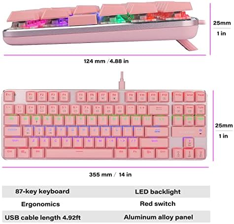 Механична клавиатура DEANEEK, 87 клавиши, Малка, Компактна, с многоцветно осветление TKL - USB C, Жичен механична клавиатура с led