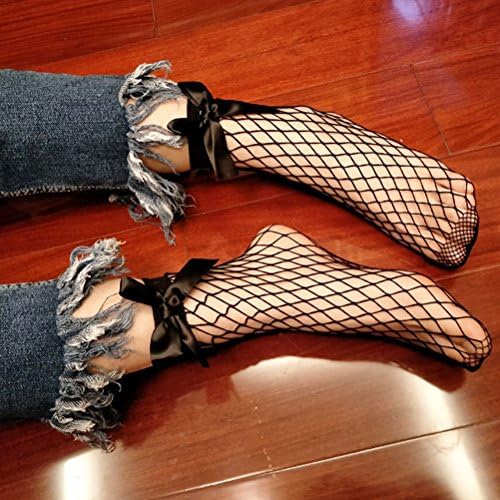 OULII 2 Двойки от Модерните женски чорапи на щиколотках в рибарска мрежа, Прозрачни Мрежести чорапи с лък (черен)