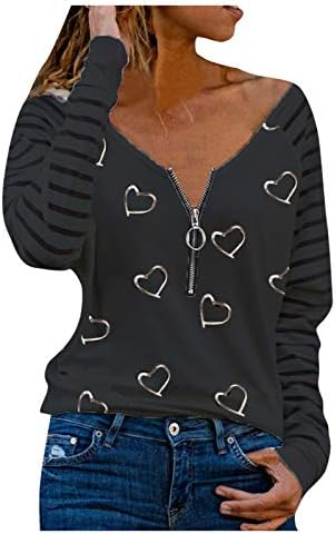 Риза Спортен Женски Размер, Блузи с дълъг ръкав, Дамски Блуза С Модерен принтом във формата на Сърце, V-образно деколте Дамски Блуза