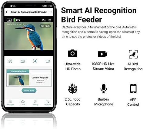 А за птици с камера, Умна Ясла за птици с камера, А за птици 1080P HD Видео, Изкуствен Интелект Определя вида на птиците Отвън, Свързване към Wi-Fi и приложение
