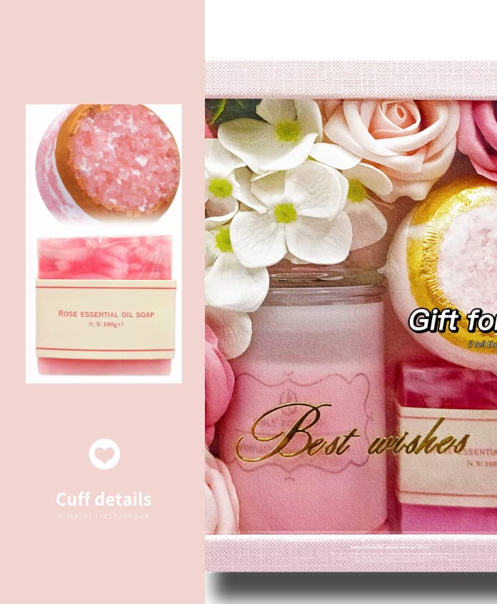 Кошници с подаръци Duuey Spa за жени - Комплект за грижа за себе си с Розови Ароматни свещи, рози за вана с аромат на Flora, Бомбочками за вана с розова кутия за подарък - Иде?