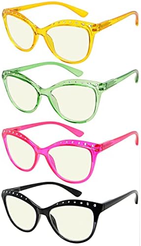 CessBlu 4 Опаковки Женски Очила за четене с Ефект на Котешки очи, Нападение от Синя Светлина, за Жени, Очила за Четене с Кристали