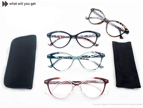 Дамски очила за четене HEEYYOK, 4 опаковки, Очила за четене Cateye, Удобна за пролет контур за едно лице (1.25, 4 различни на цвят)
