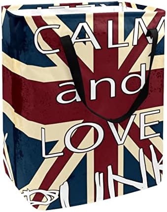 Флаг на Великобритания с принтом Сохраняй спокойствие и любов, Сгъваема Кошница за дрехи, 60Л Водоустойчив Кошници за Бельо, Кошница