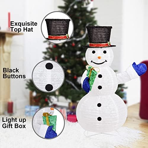 4 Фута Коледен Снежен човек с Подсветка, Студен Бял, с Блещукащите Светлини, Сгъваеми/Изскачащи Светещи Декорации във формата на