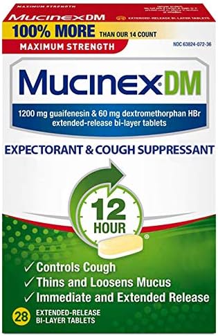 Средство за потискане на кашлицата и отхрачващо, хапчета Mucinex DM максимална крепост от 12 часа, 28 карата, 1200 мг Гвайфенезина,