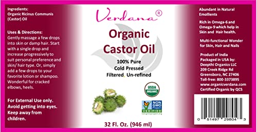 Биологичното рициново масло, Verdana – Сертифицирано от USDA Органично масло студено пресовано, Нерафинирано, Чиста и без хексан - 32 течни унции