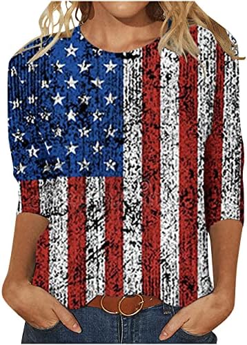 Дамски Летни Патриотични Тениска с Американския Флаг, Летни Дневни Празнични Блузи с ръкави 3/4, 4 юли, С кръгло Деколте, Базова