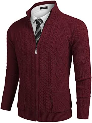 Пълен COOFANDY за Мъже жилетка с цип тънък пуловер Fit щанд яка памук кабел вязаный пуловер с джобове