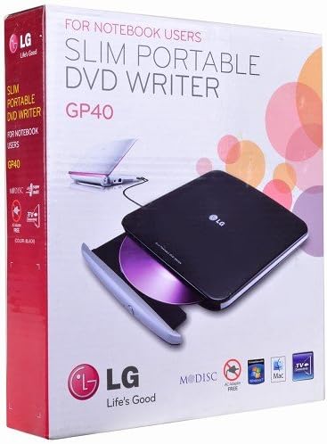LG Electronics 8X USB 2.0 Тънък Преносим Външен диск DVDARW, Черен (GP40NB40)