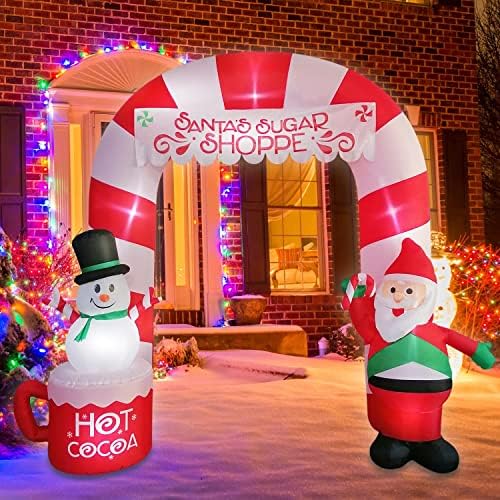 Надуваеми улични коледна украса TATCNESD - 8 фута Коледна надуваема арка с Дядо Коледа и Снеговиком, вградена светодиодна Надуваема